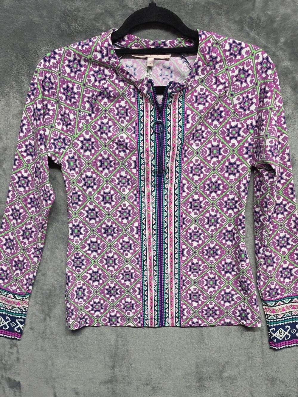 Nanette Lepore Purple and Green Geometric Long-Sleeve Rash Guard Sz Med
